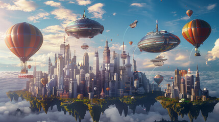 Whimsical Urban Skyline with Floating Archipelagos and Airborne Ships
