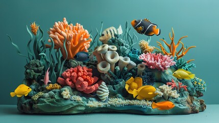 Design a clay sculpture portraying a serene underwater scene with colorful coral reefs and exotic fish from an eye-level angle Utilize a subtle, shifting color gradient background to emulate the tranq - obrazy, fototapety, plakaty