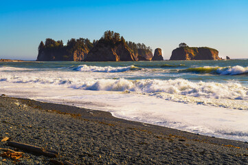 Rialto Beach with sea stacks in Washington State. Rialto Beach, situated within Olympic National...