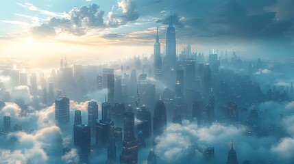 Journey through a sprawling metropolis where skyscrapers pierce the clouds, their sleek, AI-designed architecture standing as monuments to innovation and efficiency.
