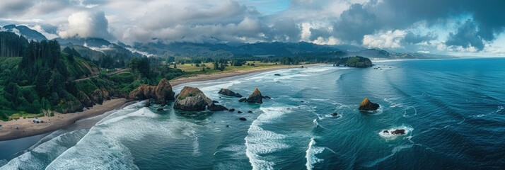 Overlooking Oregon's Majestic Coastline: Aerial View of Pacific Highway 101 Along the Southern Coast - obrazy, fototapety, plakaty