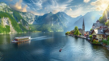 Panoramic Sunrise in Hallstatt: Stunning View of Old Town, Alpine Lake and Church with Tourist Boat in Golden Morning Light - obrazy, fototapety, plakaty