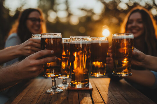 A group of people are holding up glasses of beer and smiling
