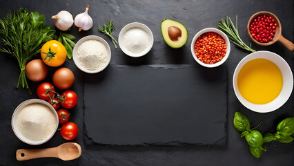 ingredients for cooking on black stone kitchen table