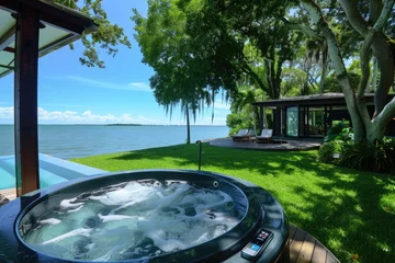 Fotobehang Relax in Style: Waterfront House with Beautifully Honed Jacuzzi amidst Lush Greenery & Pretty Blue Skies © Popelniushka