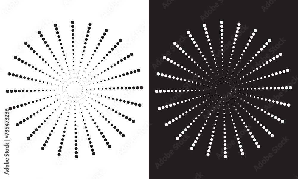 Poster radial halftone dots in circle form. dotted fireworks explosion background. starburst round logo. ci