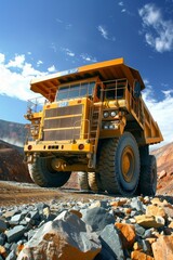 Large yellow coal mining truck in operation at open pit quarry for extractive coal industry