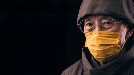 Elderly person with glasses wearing yellow mask. Close-up portrait with a focus on healthcare and safety in pandemic times for poster design. - obrazy, fototapety, plakaty
