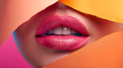 Beautiful plump bright lips of pink color peep, generative ai - obrazy, fototapety, plakaty