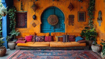 A bohemian-style home interior is filled with eclectic decor and global influences