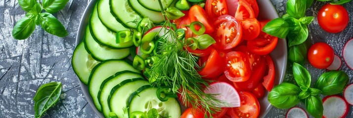 Vegetables Salad, Vegan Plate of Fresh Sliced Cucumbers, Green Onions, Radish, Cherry Tomatoes - obrazy, fototapety, plakaty