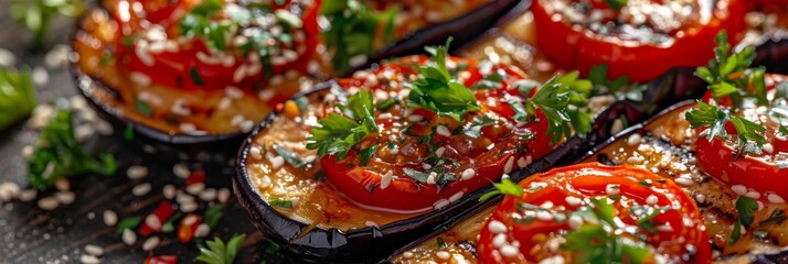 Vegetarian Eggplant Salad with Baked Aubergine, Cherry Tomatoes and Cilantro Close Up - obrazy, fototapety, plakaty