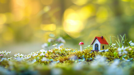Spring background with a tiny toy house symbolizing 