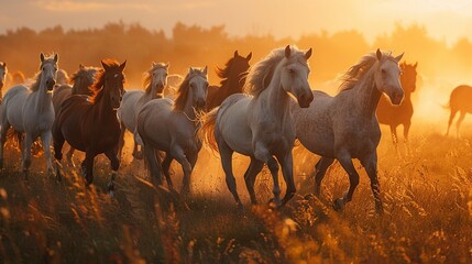 In a grassy meadow a herd of wild horses gallops freely across the open landscape - obrazy, fototapety, plakaty