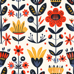 Seamless pattern of nordic folk art with flowers, geometric organic shapes