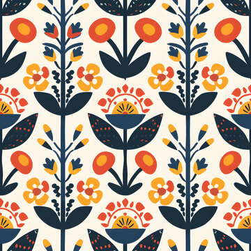 Seamless pattern of nordic folk art with flowers, geometric organic shapes