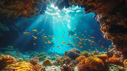 Poster In a tropical paradise scuba divers explore vibrant coral reefs and underwater caves © fangphotolia