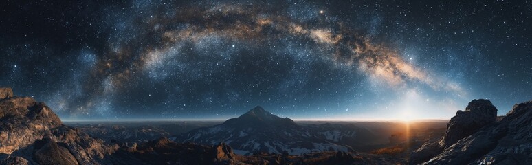Fototapeta premium A mesmerizing skyscape of stars and galaxies over a rugged mountain landscape