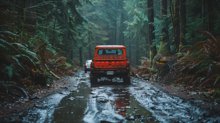 A red car is driving down a muddy road in the woods - Powered by Adobe