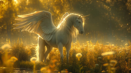 Witness a majestic unicorn with wings, reared gracefully, providing a beautiful view in nature's splendor