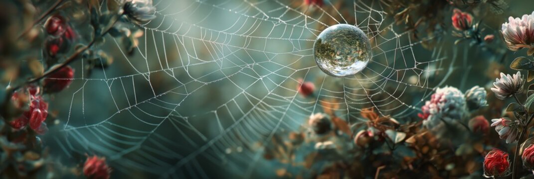 Close-up of a delicate water droplet suspended in a finely spun spider web amid budding flowers