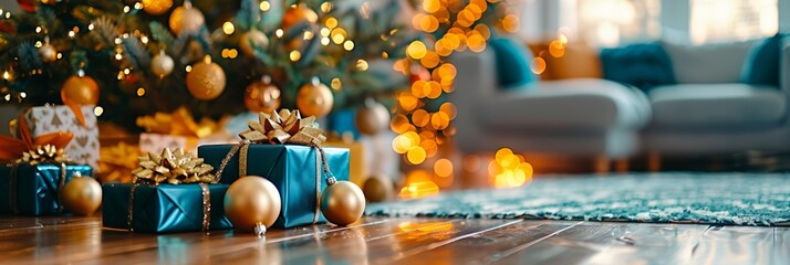 Festive christmas tree with gold ornaments and gifts on floor, holiday background in green tones - obrazy, fototapety, plakaty