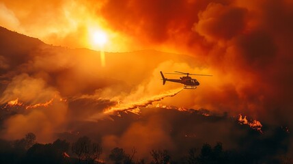 Image of helicopter battles blaze, unleashing torrent of water from its hose on flames below.