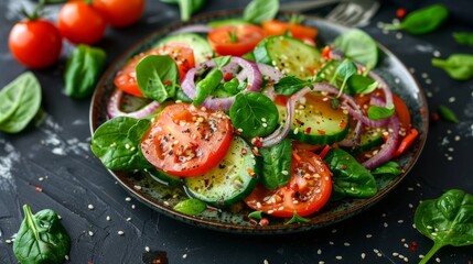 Fresh and vibrant vegetable salad with tomato, cucumber, onion, spinach, lettuce, and sesame on plate. Healthy diet menu concept, top view