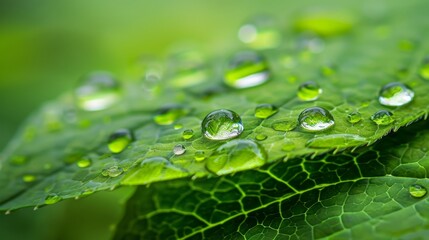 A closeup of water droplets on the edge of a green leaf, symbolizing rain and life in nature