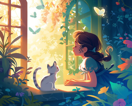 Nature, Annie, Cat, Girl, Window, Butterfly,