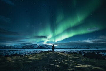 Aurora borealis (Northern lights) over mountain with one person - obrazy, fototapety, plakaty
