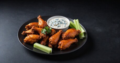 A plate of spicy buffalo wings with celery and blue cheese dip