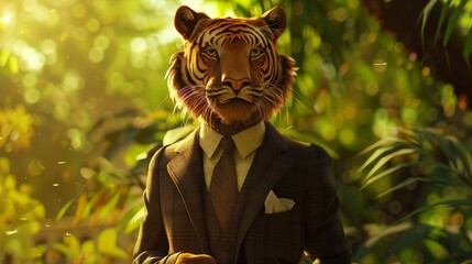 A majestic Cartoon cute tiger stands upright, adorned in a finely tailored three-piece suit, complete with a crisp white shirt and a silk tie. - obrazy, fototapety, plakaty