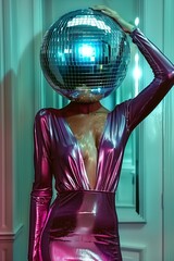 Young woman in party dress with disco ball sphere. New year, birthday, christmas party. Glitter, shiny cloth. Fashion shot. Ai generated photography. Pink color.