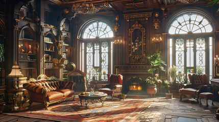 Steampunk interior design fantasy retro hall 