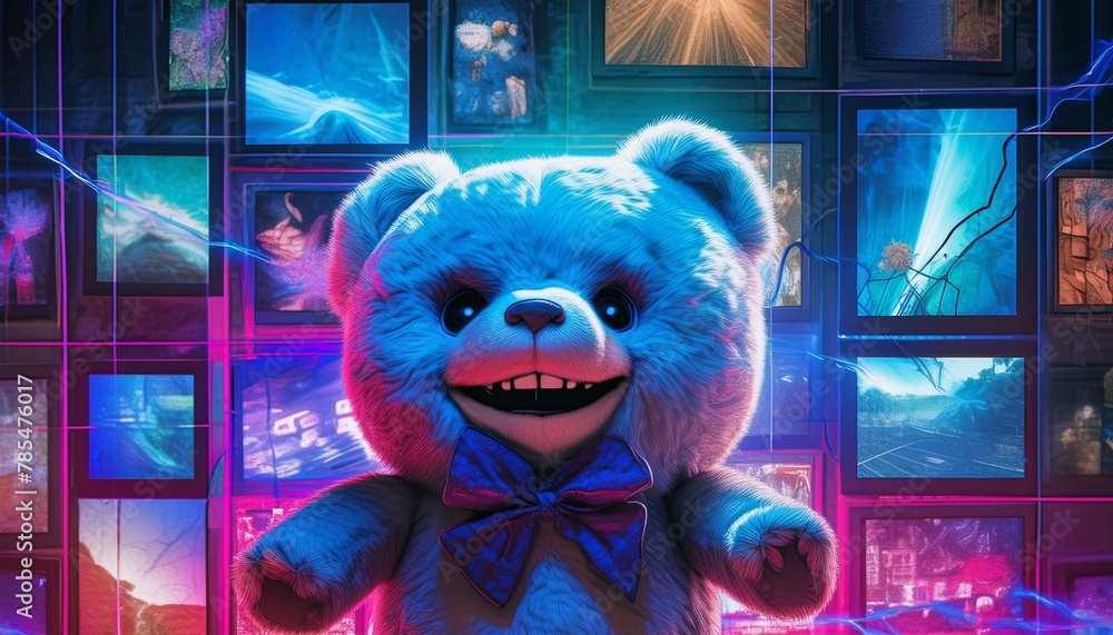Wall mural Large vampire teddy bear smiling while standing in front of a wall of photographs AI Generated - Wall murals