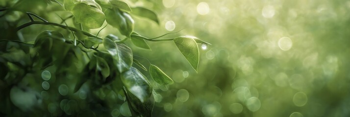 Close-up of green leaves glistening with dew in the golden sunlight, expressing growth and freshness