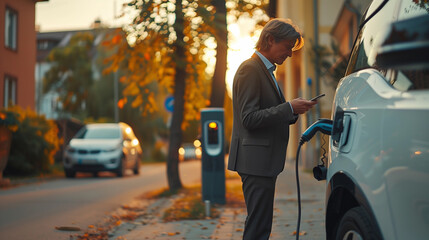 Smart business man browsing internet on mobile while at charging point. Sustainable and economic transportation concept. Generative AI. - obrazy, fototapety, plakaty