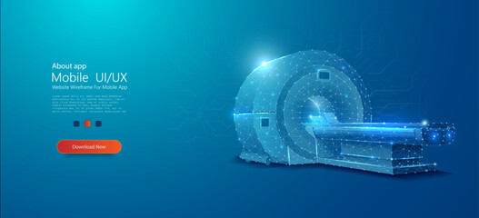Naklejka premium Futuristic MRI Scanner: Advanced Medical Technology Concept. A conceptual image of a modern, digital wireframe MRI machine, highlighting cutting-edge medical diagnostic technology. Vector