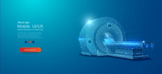 Foto op Plexiglas Futuristic MRI Scanner: Advanced Medical Technology Concept. A conceptual image of a modern, digital wireframe MRI machine, highlighting cutting-edge medical diagnostic technology. Vector © ZinetroN