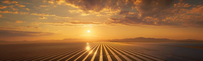 The golden sunset sky reflects dramatically on the array of solar panels spread over a vast field with distant mountains - obrazy, fototapety, plakaty