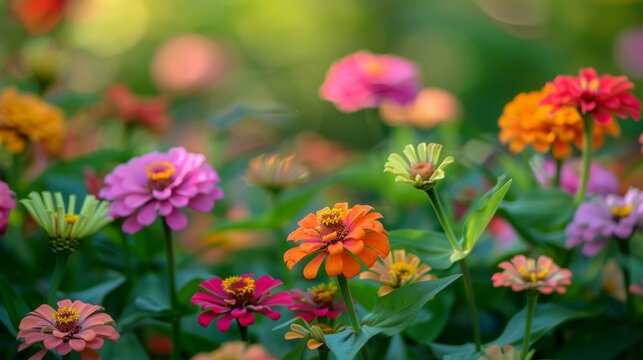 A field of zinnias in full bloom, with various colors and shapes of the flowers