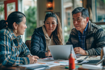 Three people are sitting at a table looking at a laptop