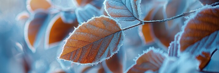 Crisp frost delicately outlines the intricate textures of a leaf, symbolizing the quiet beauty of winter - obrazy, fototapety, plakaty