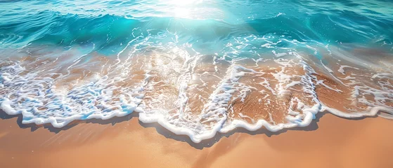 Zelfklevend Fotobehang Capture the serene beauty of a vast, sun-kissed beach with crystal clear waters in a traditional oil painting style, emphasizing the play of light on the sand and waves © HADAPI