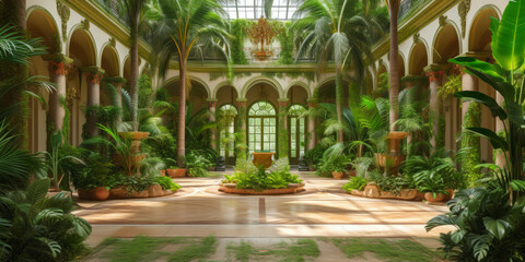 Fototapeta na wymiar Majestic Indoor Garden with Chandelier and glass view