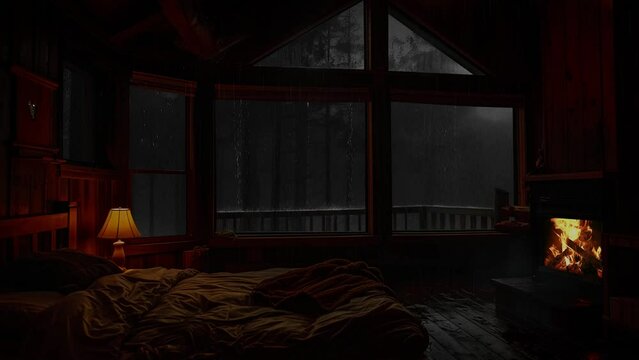 It's raining out cold forest Tonight I'm going to sleep in Cozy Attic Cabin Crackling fireplace