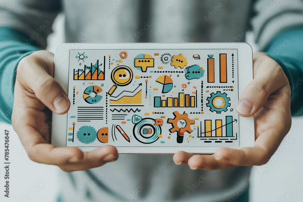 Poster a person is holding a tablet with a colorful and complex design on it