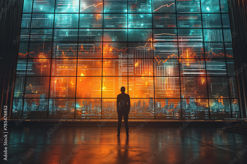 Poster a man stands in front of a large window with a city view