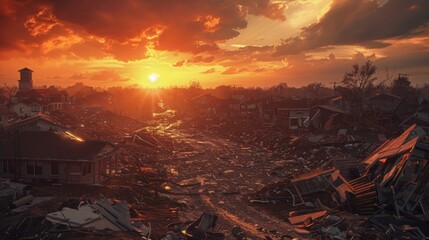 Fiery glow of sunset paints the sky above ruined city, casting long shadows from broken buildings, symbolizing hope and recovery after disaster.
